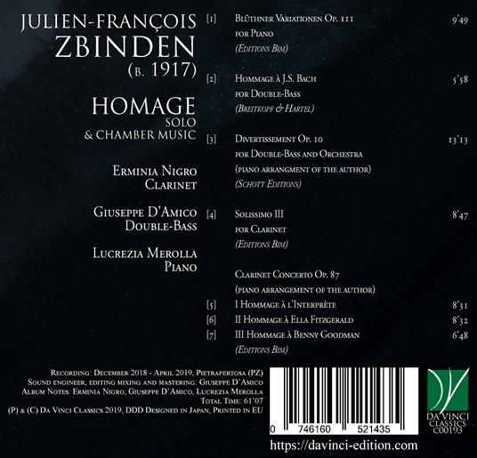 Homage - CD Audio di Julien-François Zbinden,Giuseppe D'Amico - 2