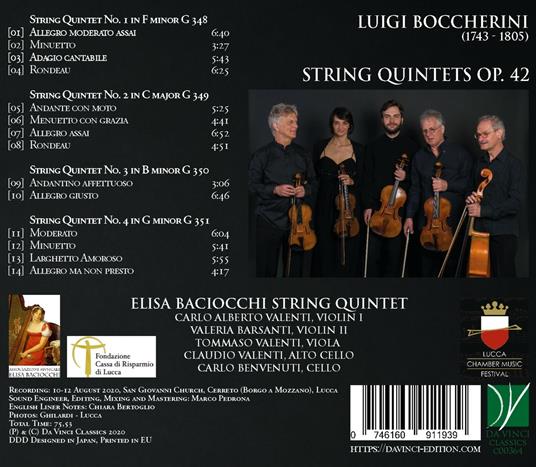 Quintetti per archi op.42 - CD Audio di Luigi Boccherini,Elisa Baciocchi String Quintet - 2