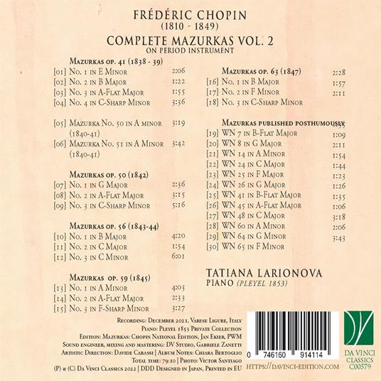 Complete Mazurkas Vol. 2 - CD Audio di Frederic Chopin,Tatiana Larionova - 2