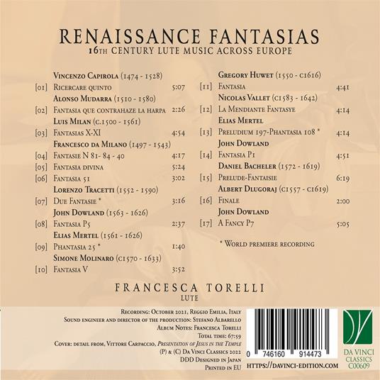 Renaissance Fantasias. 16th Century Lute Music - CD Audio di Francesca Torelli - 2