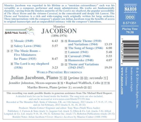 The Music Room e altre opere cameristiche - CD Audio di Raphael Wallfisch,Maurice Jacobson - 2