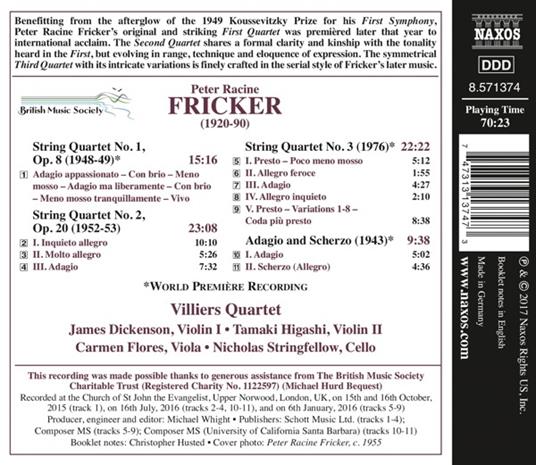 Quartetti per archi completi - CD Audio di Peter Racine Fricker,Villiers Quartet - 2