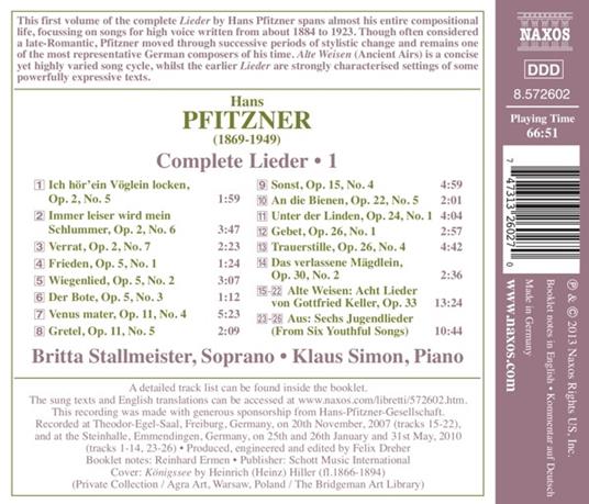 Lieder completi vol.1 - CD Audio di Hans Pfitzner,Britta Stallmeister - 2