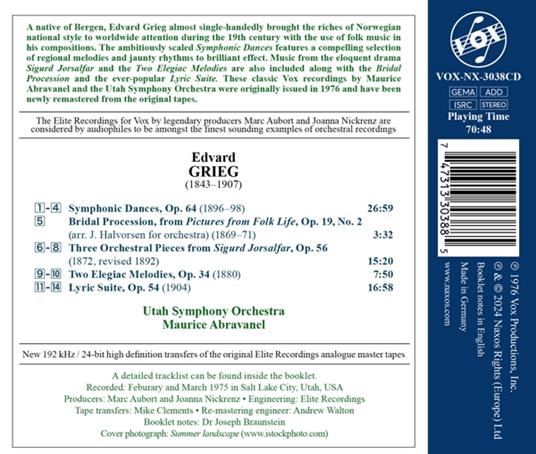 Symphonic Dances, Op. 64; Bridal Procession Passes By, Op. 19; Sigurd Jorsalfar, Op. 56 - CD Audio di Edvard Grieg,Maurice de Abravanel,Utah Symphony Orchestra - 2