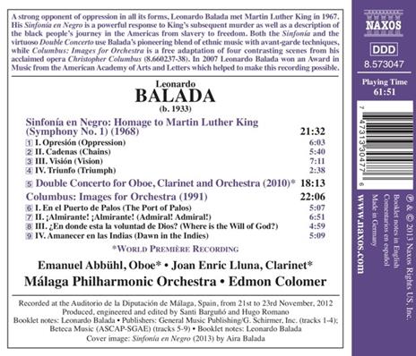 Sinfonia en Negro - Doppio Concerto per oboe e clarinetto - Columbus - CD Audio di Leonardo Balada,Orchestra Filarmonica di Malaga - 2