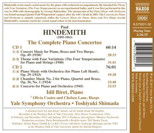 Concerti per pianoforte e orchestra completi - CD Audio di Paul Hindemith,Idil Biret,Yale Symphony Orchestra - 2