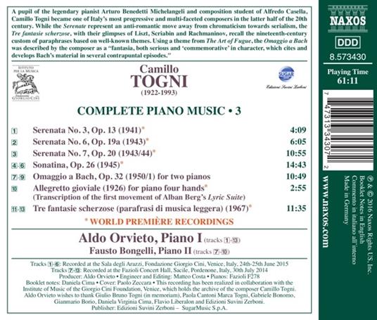 Opere per pianoforte vol.3 (Integrale) - CD Audio di Camillo Togni - 2