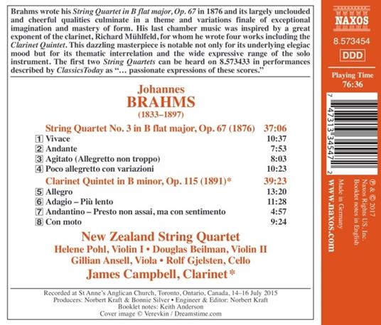 Quartetto per archi - Quintetto con clarinetto op.115 - CD Audio di Johannes Brahms,New Zealand String Quartet - 2
