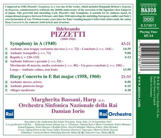 Sinfonia in La - Concerto per arpa - CD Audio di Orchestra Sinfonica Nazionale della RAI,Ildebrando Pizzetti,Damian Iorio - 2
