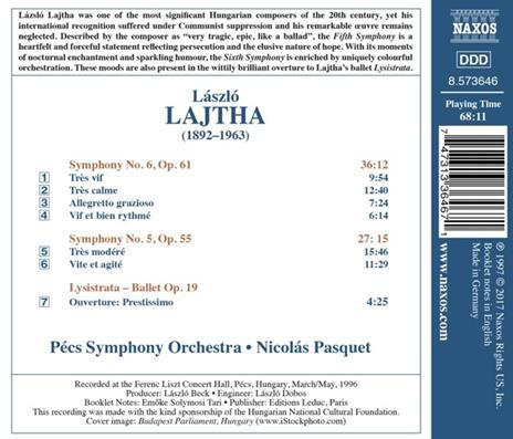 Sinfonia n.5 op.55, n.6 op.51 - Lysistrata. Balletto op.19 - CD Audio di Nicolas Pasquet,Lajtha Laszlo,Pecs Symphony Orchestra - 2
