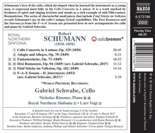 Concerto per violoncello op.128 - Musica per violoncello e pianoforte - CD Audio di Robert Schumann,Gabriel Schwabe - 2
