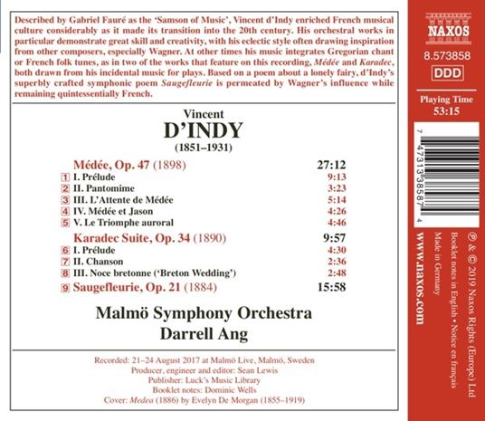Médée op.47 - Karadec Suite op.35 - Saugefleurie - CD Audio di Vincent D'Indy,Malmö Symphony Orchestra,Darrell Ang - 2