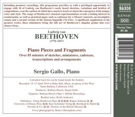 Piano Pieces and Fragments - CD Audio di Ludwig van Beethoven,Sergio Gallo - 2