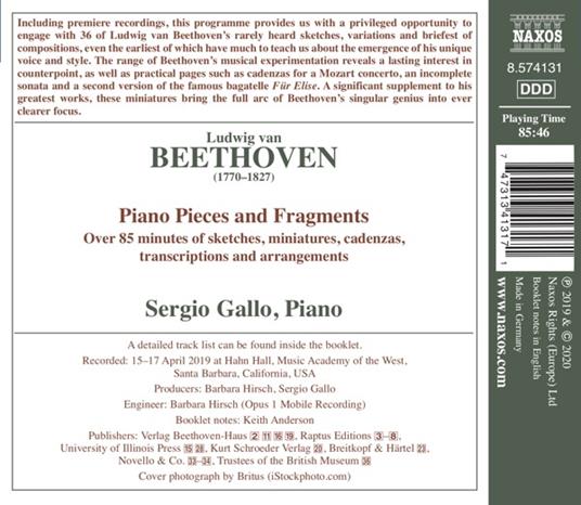 Piano Pieces and Fragments - CD Audio di Ludwig van Beethoven,Sergio Gallo - 2