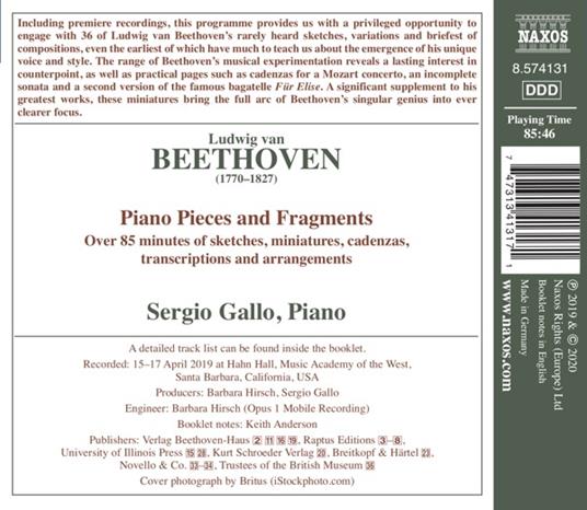 Piano Pieces and Fragments - CD Audio di Ludwig van Beethoven,Sergio Gallo - 2