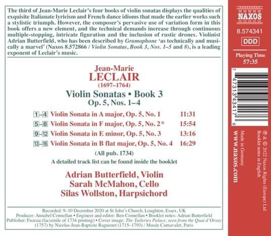 Violin Sonatas Book 3. Op.5 Nos.14 - CD Audio di Jean-Marie Leclair,Adrian Butterfield - 2