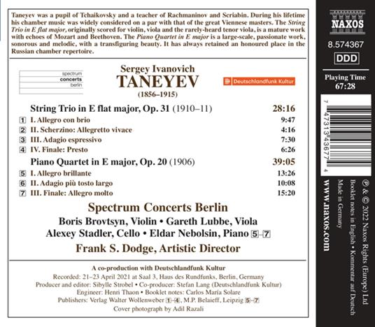 String Trio op.31 - Piano Quartet op.2 - CD Audio di Sergej Taneyev - 2