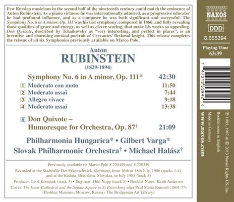 Sinfonia n.6 op.111 - Don Quixote op.87 - CD Audio di Philharmonia Hungarica,Slovak Philharmonic Orchestra,Michael Halasz,Anton Rubinstein - 2