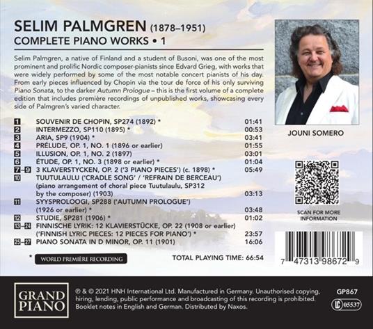 Complete Piano Music vol.1 - CD Audio di Selim Palmgren,Jouni Somero - 2