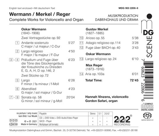 Wermann, Merkel & Reger. Complete Works For Cello & Org - CD Audio di Hannah Vinzens - 2