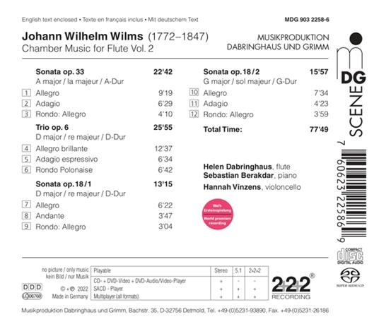 Wilms Vol. 2. Sonatas For Piano And Flute Op. 18 & 33 - CD Audio di Helen - Sebastian Berakdar - Hannah Vinzens Dabringhaus - 2