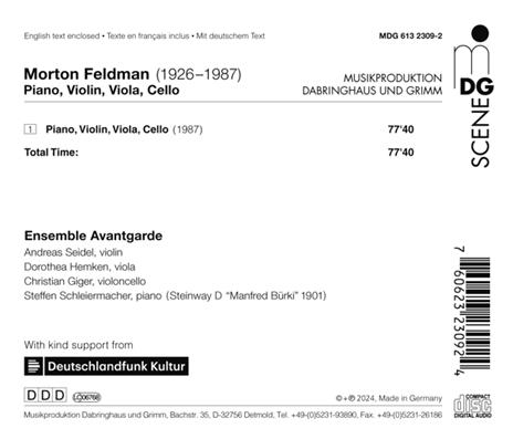 Piano, Violin, Viola, Cello - CD Audio di Morton Feldman - 2