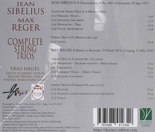 Trii completi per archi - CD Audio di Jean Sibelius,Max Reger,Trio Hegel - 2