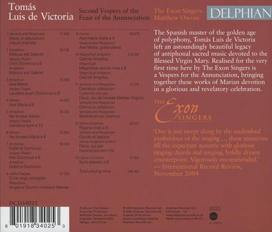 Second Vespers Of The Feast Of The Annunciation - CD Audio di Tomas Luis De Victoria - 2