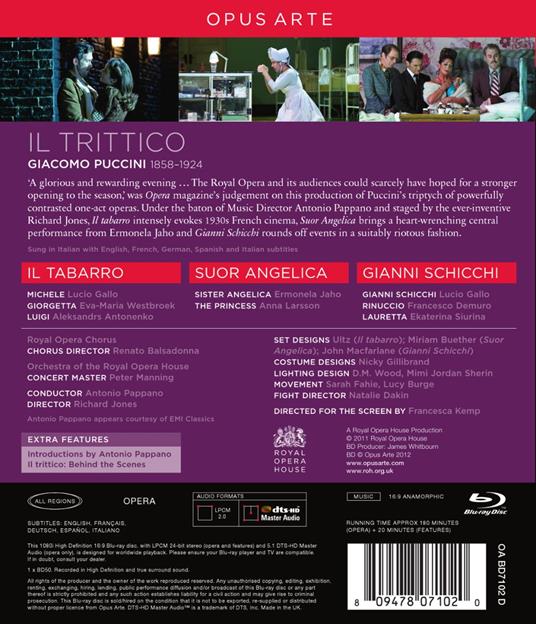 Giacomo Puccini. Il trittico: Il Tabarro, Suor Angelica,Gianni Schicchi (Blu-ray) - Blu-ray di Giacomo Puccini,Lucio Gallo,Anna Larsson,Eva-Maria Westbroek,Ermonela Jaho - 2
