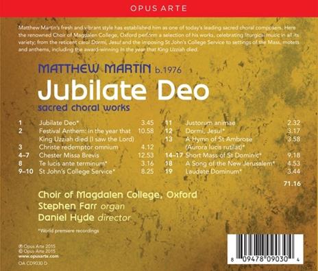 Jubilate Deo. Opere Corali Sacre - CD Audio di Mattiew Martin - 2