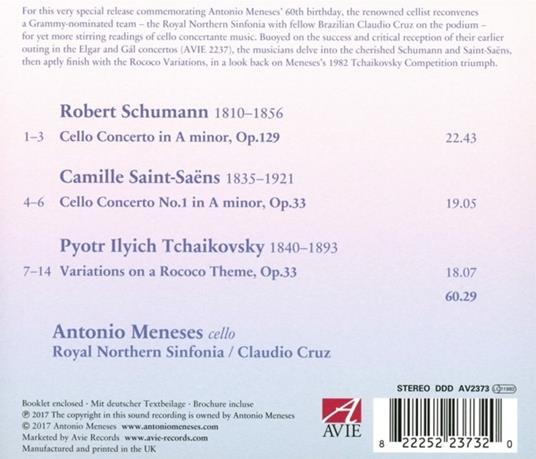 Musica per violoncello ed orchestra - CD Audio di Camille Saint-Saëns,Robert Schumann,Pyotr Ilyich Tchaikovsky,Antonio Meneses - 2