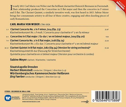 Concerti per clarinetto - CD Audio di Carl Maria Von Weber,Sabine Meyer,Staatskapelle Dresda,Herbert Blomstedt - 2