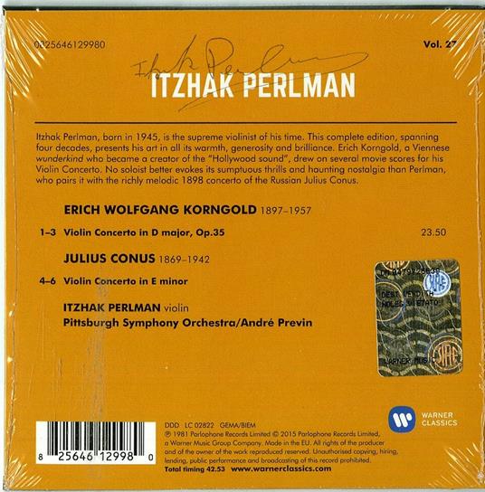 Concerti per violino (Perlman Edition 2015) - CD Audio di Itzhak Perlman,André Previn,Erich Wolfgang Korngold,Julius Conus,Pittsburgh Symphony Orchestra - 2