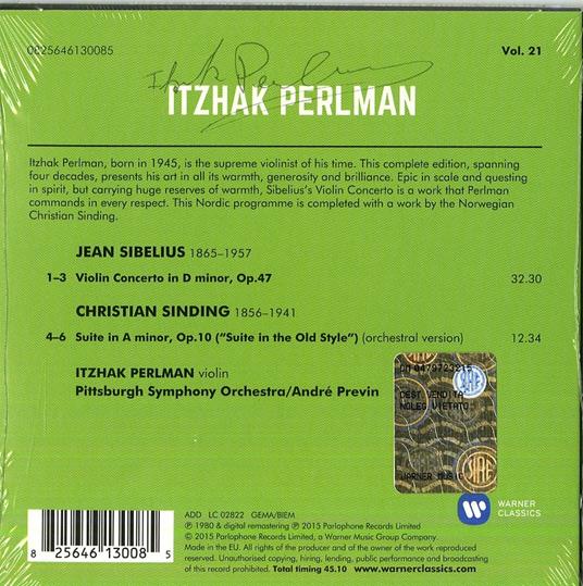 Concerto per violino - Sinding Suite (Perlman 2014) - CD Audio di Jean Sibelius,Christian Sinding,Itzhak Perlman,André Previn,Pittsburgh Symphony Orchestra - 2