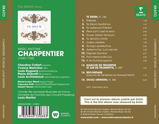 Te Deum - CD Audio di Marc-Antoine Charpentier,Louis Martini,Orchestre de Chambre des Concerts Pasdeloup - 2