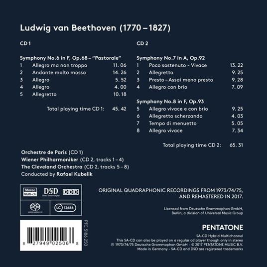 Sinfonia n.6 op.68 - Pastorale, n.7 op.9, n.8 op.93 - SuperAudio CD ibrido di Ludwig van Beethoven,Rafael Kubelik,Wiener Philharmoniker,Orchestre de Paris - 2