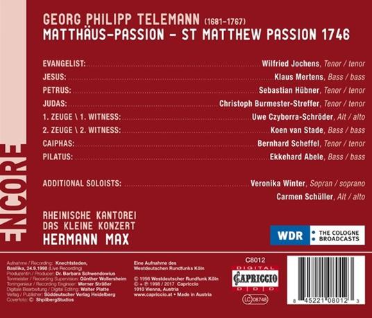 La Passione secondo Matteo - CD Audio di Georg Philipp Telemann,Rheinische Kantorei,Hermann Max - 2