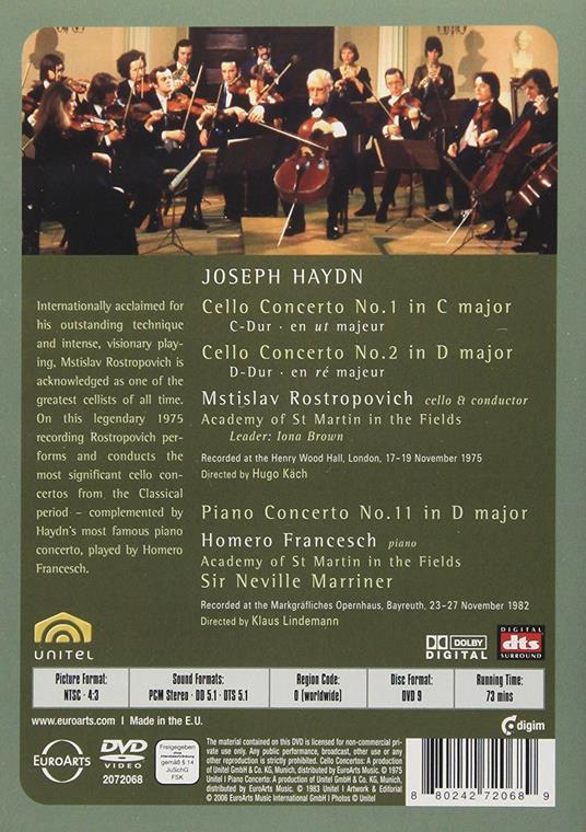 Franz Joseph Haydn. Cello Concertos (DVD) - DVD di Franz Joseph Haydn,Mstislav Rostropovich,Neville Marriner,Academy of St. Martin in the Fields,Homero Francesch - 2