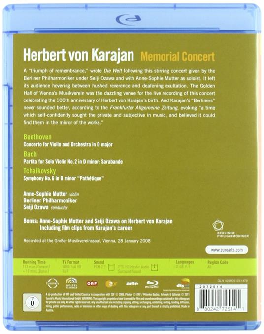 Herbert Von Karajan. Memorial Concert (Blu-ray) - Blu-ray di Johann Sebastian Bach,Wolfgang Amadeus Mozart,Herbert Von Karajan,Seiji Ozawa,Anne-Sophie Mutter,Berliner Philharmoniker - 2