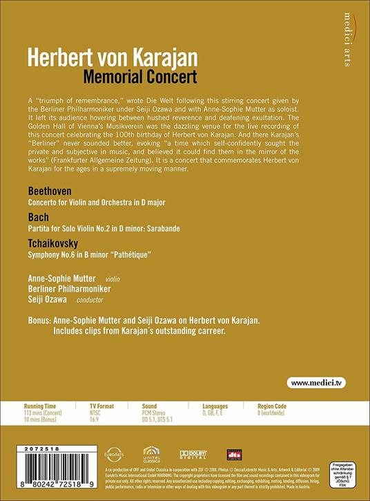 Herbert Von Karajan. Memorial Concert (DVD) - DVD di Johann Sebastian Bach,Wolfgang Amadeus Mozart,Herbert Von Karajan,Seiji Ozawa,Anne-Sophie Mutter,Berliner Philharmoniker - 2
