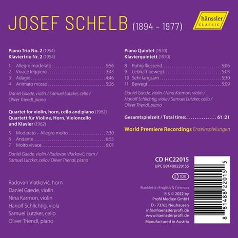 Piano Trio No. 2 - Horn Quartet - Piano Quintet - CD Audio di Nina Karmon,Josef Schelb - 2