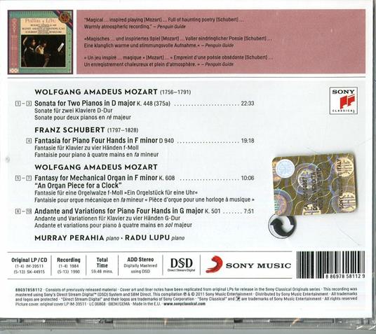 Sonata per 2 pianoforti K448 / Fantasia per pianoforte a 4 mani D940 - CD Audio di Wolfgang Amadeus Mozart,Franz Schubert,Murray Perahia,Radu Lupu - 2