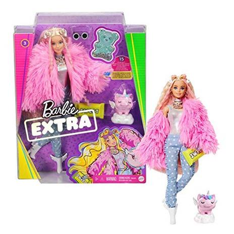 Barbie Extra Bambola con giacca lanosa rosa e maialino-unicorno, 10 Accessori alla Moda, Giocattolo per Bambini 3+ Anni - 2