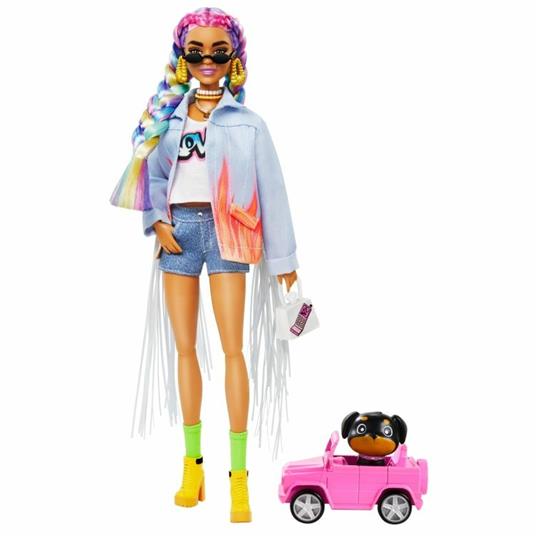 Barbie Extra Bambola con giubbotto di jeans, trecce arcobaleno, Cucciolo e Accessori alla Moda, Giocattolo per Bambini 3+Anni - 3