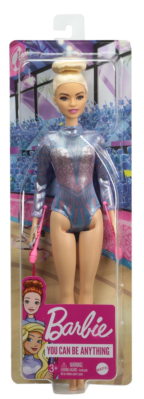 Barbie - Carriera Ginnasta, bambola bionda con coloratissimo body metallizzato, 2 bastoni e nastro, 3+ anni - 6