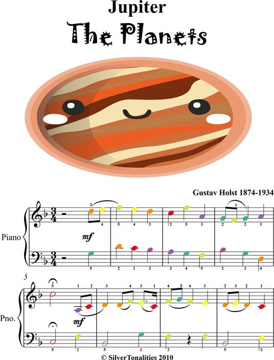 Jupiter the Planets Easy Piano Sheet Music with Colored Notation - Gustav Holst - ebook