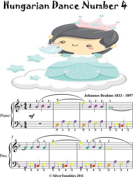 Hungarian Dance Number 4 Easy Piano Sheet Music with Colored Notes - Johannes Brahms - ebook