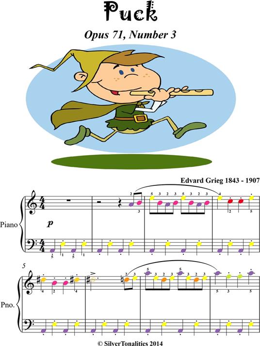 Puck Opus 71 Number 3 Easy Piano Sheet Music with Colored Notes - Grieg Edvard - ebook