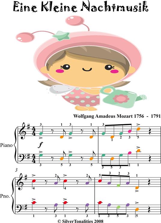 Eine Kleine Nachtmusik Easy Piano Sheet Music with Colored Notes - Wolfgang Amadeus Mozart - ebook