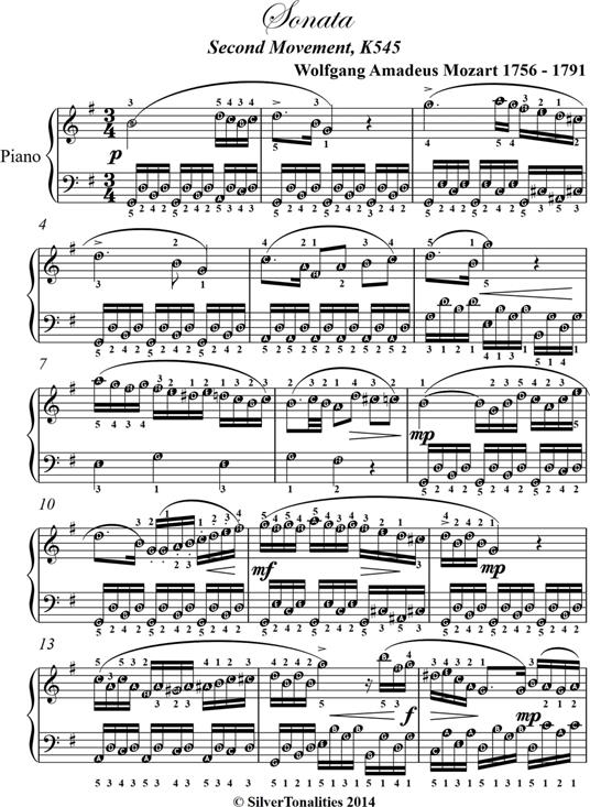 Sonata in C Major K545 Second Movement Elementary Piano Sheet Music - Wolfgang Amadeus Mozart - ebook